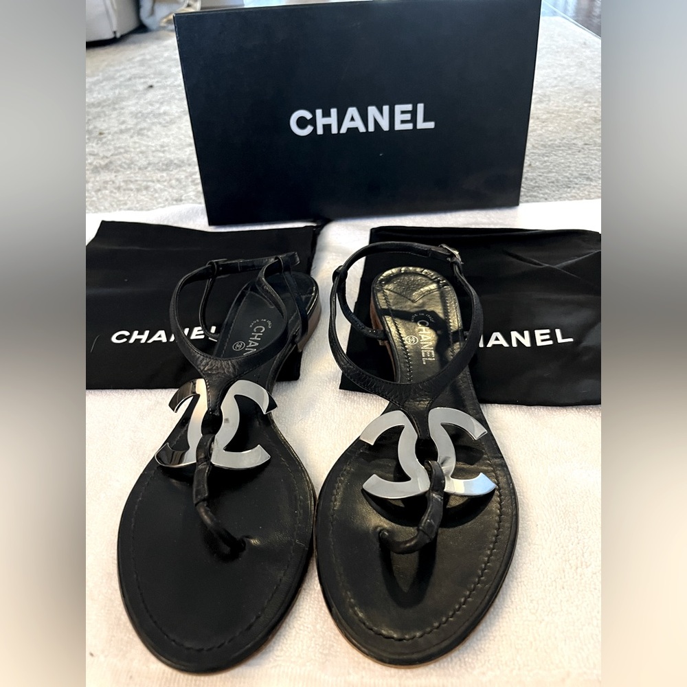 Hard to Find  Black Leather Sandals with Large CC Logo